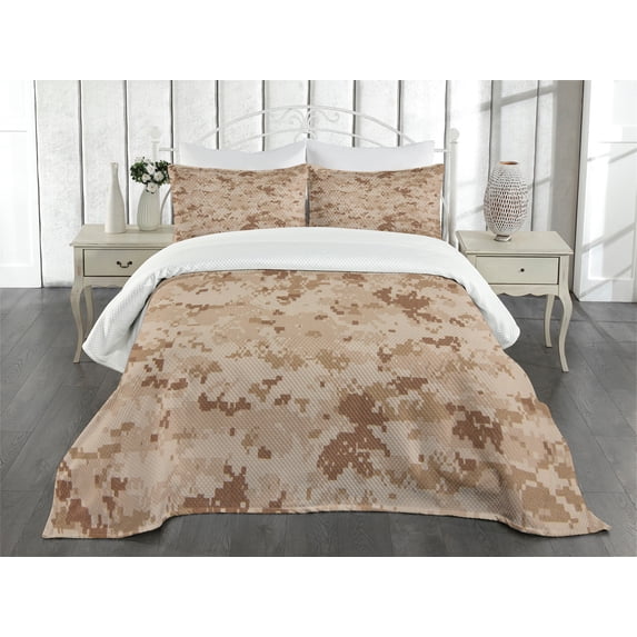 Ambesonne Brown Quilted Bedspread Set 3 Pcs, Desert Marpat Camo Motif, King Size, Pale Brown Cinnamon