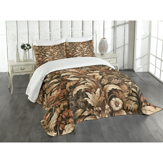 Ambesonne Brown Quilted Bedspread Set 3 Pcs, Earthy Colors Fall Flourishes, King Size, Dark Sepia Pale Redwood