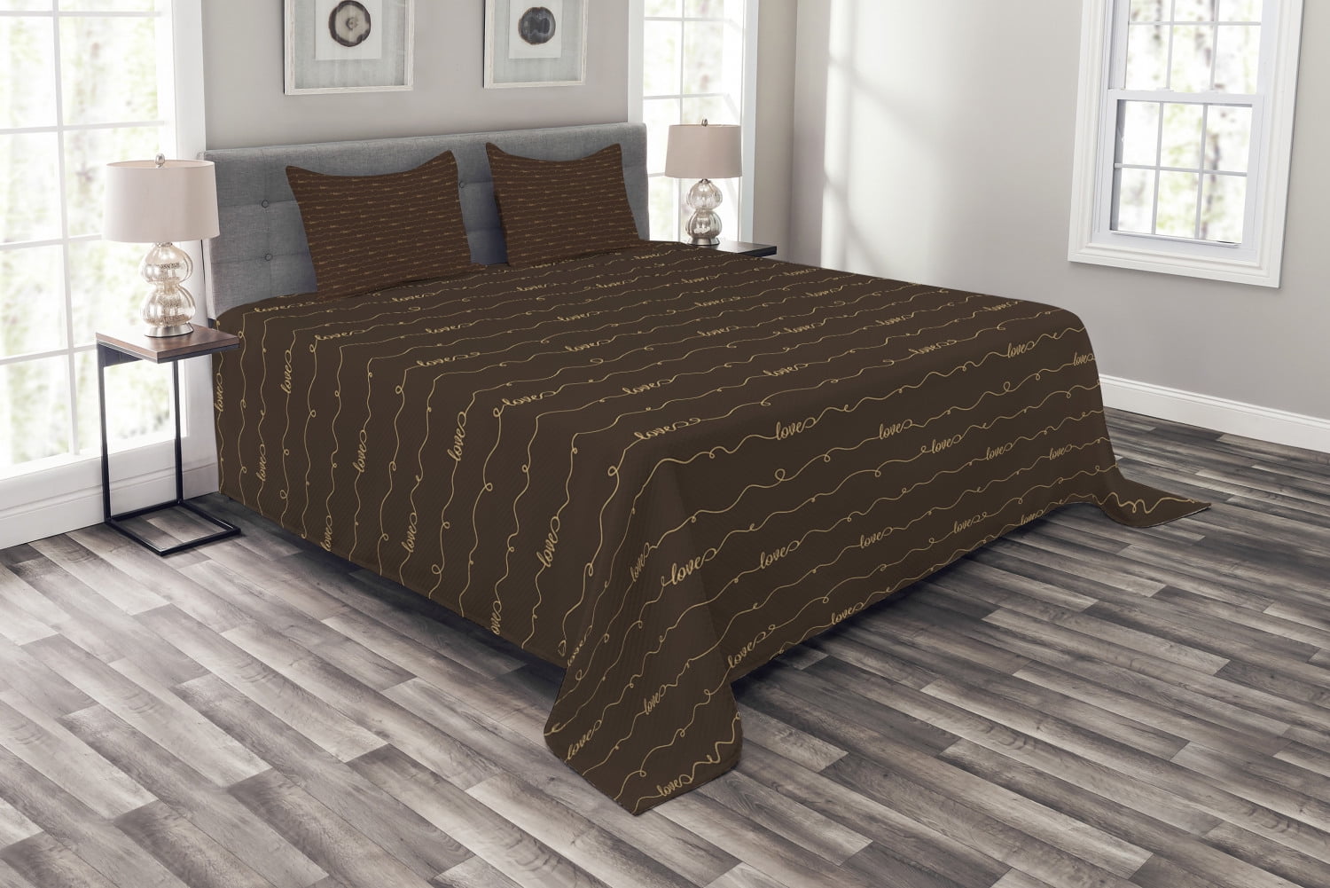 King Brown Quilted Bedspread Set with Pillow Shams