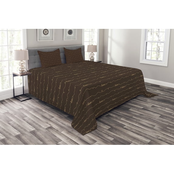 Ambesonne Brown Quilted Bedspread Set 3 Pcs, Hope Love Fun Happy Words, Queen Size, Dark Brown and Cream