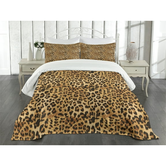 Ambesonne Brown Quilted Bedspread Set 3 Pcs, Leopard Print, Queen Size, Brown