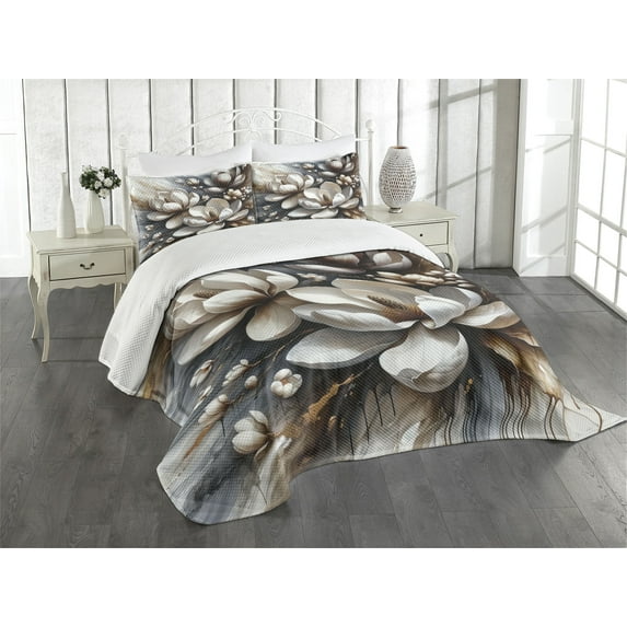 Ambesonne Brown Quilted Bedspread Set 3 Pcs, Magnolia Petals Grunge Back, King Size, Umber and Blue Grey