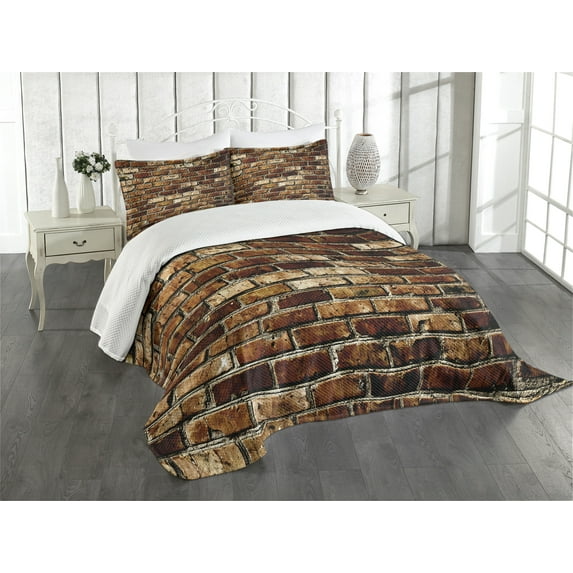 Ambesonne Brown Quilted Bedspread Set 3 Pcs, Old Grunge Brick Wall, Queen Size, Brown Chestnut Brown