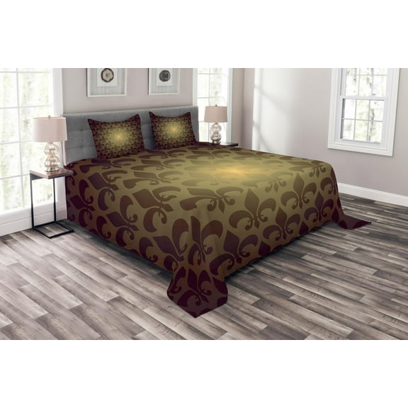 Ambesonne Brown Quilted Bedspread Set 3 Pcs, Royal Flower, Queen Size, Brown