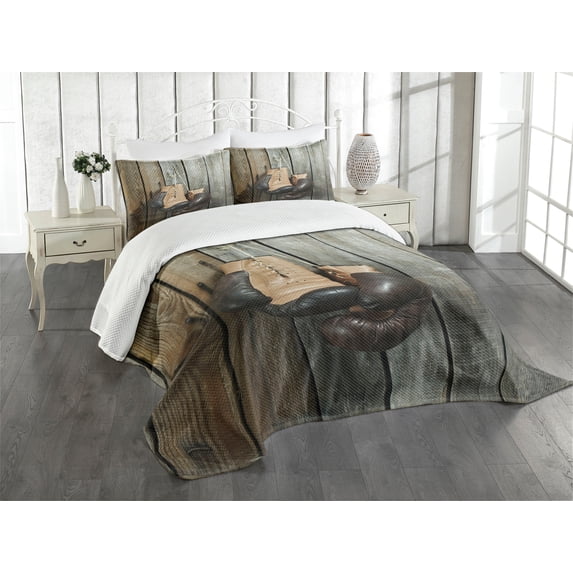 Ambesonne Brown Quilted Bedspread Set 3 Pcs, Vintage Boxing Gloves, Queen Size, Brown