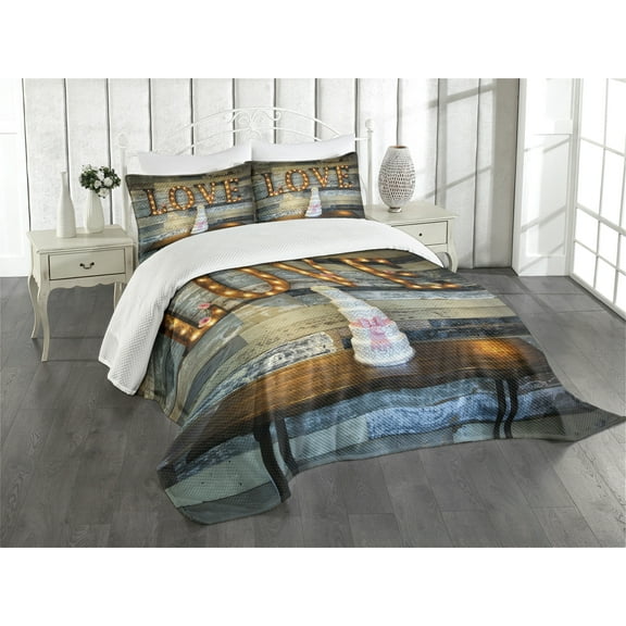 Ambesonne Brown Quilted Bedspread Set 3 Pcs, Wedding Cake Love Wood, King Size, Multicolor