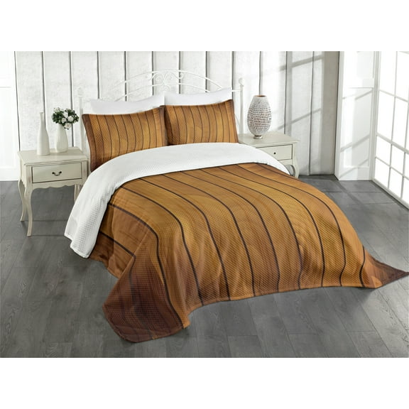 Ambesonne Brown Quilted Bedspread Set 3 Pcs, Wooden Plank Aged Timber, King Size, Dark Brown Pale Brown
