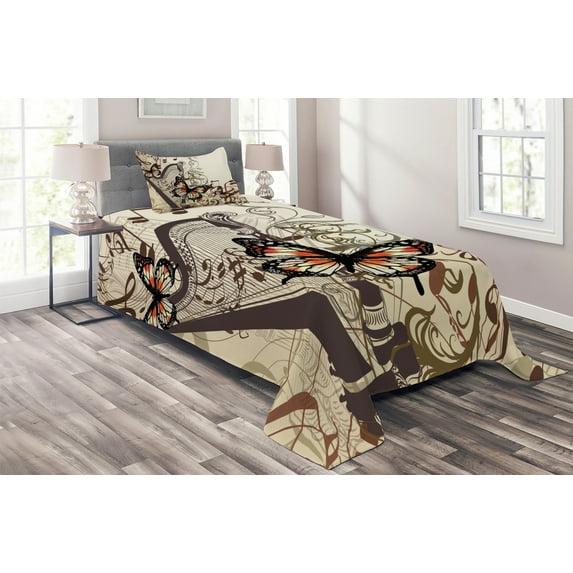 Ambesonne Brown Quilted Coverlet 2 Pcs, Harp Ornament Butterfly, Twin Size, Cream Orange Black