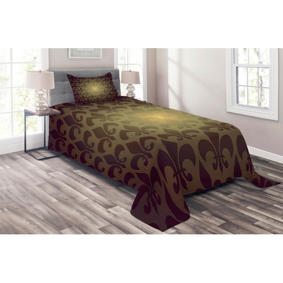 Ambesonne Brown Quilted Coverlet 2 Pcs, Royal Flower, Twin Size, Brown