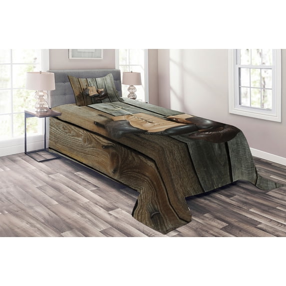 Ambesonne Brown Quilted Coverlet 2 Pcs, Vintage Boxing Gloves, Twin Size, Brown