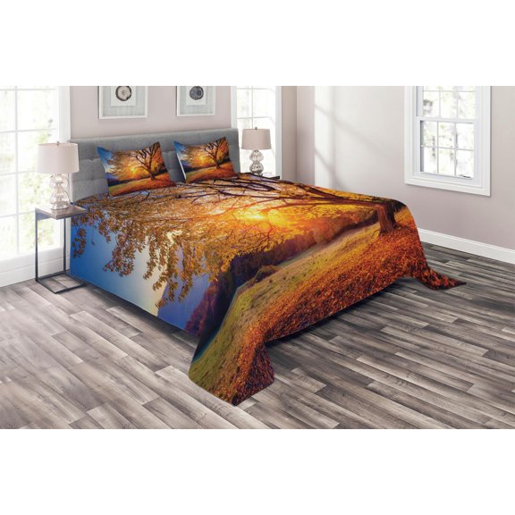 Ambesonne Brown Quilted Coverlet 3 Pcs, Autumn Fall Tree Leaves, King Size, Brown