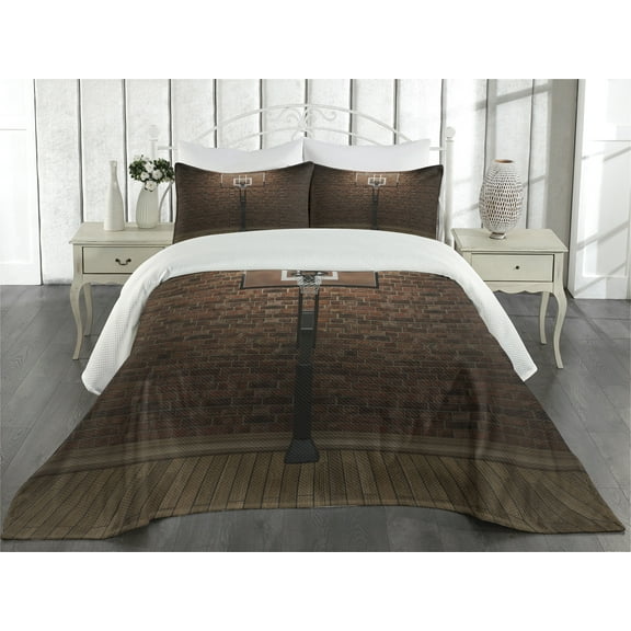 Ambesonne Brown Quilted Coverlet 3 Pcs, Basketball Field Sports, King Size, Brown