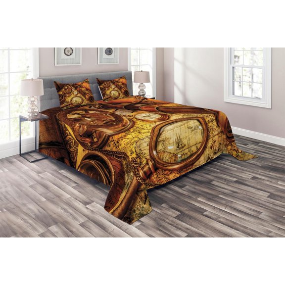 Ambesonne Brown Quilted Coverlet 3 Pcs, Watch on Old Map Nautical, Queen Size, Orange Brown Yellow