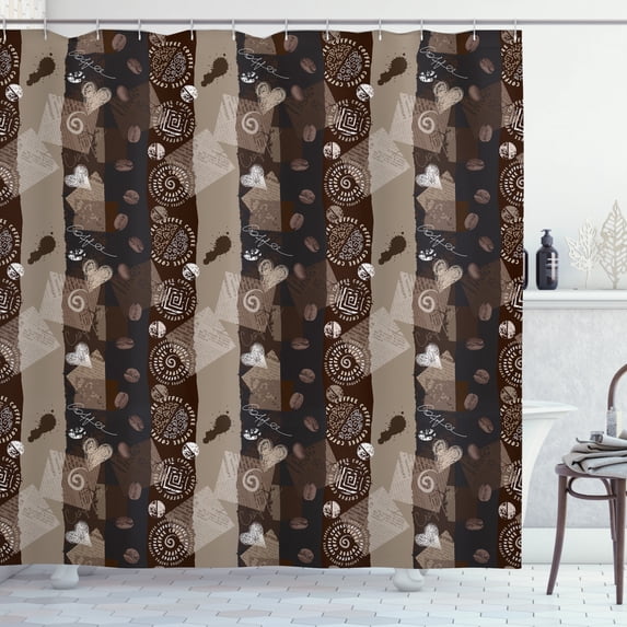 Ambesonne Brown Shower Curtain, Coffee Typo Hearts Beans, 69"Wx75"L, Brown