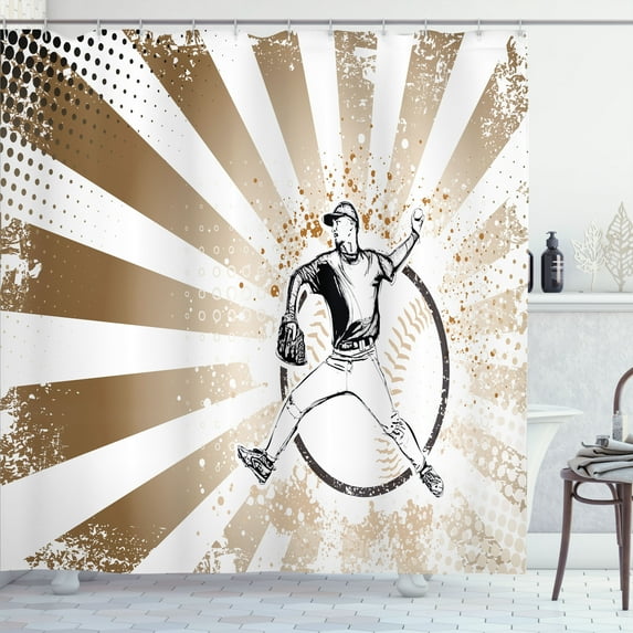 Ambesonne Brown Shower Curtain, Retro Baseball Pop Art, 69"Wx84"L, Brown White