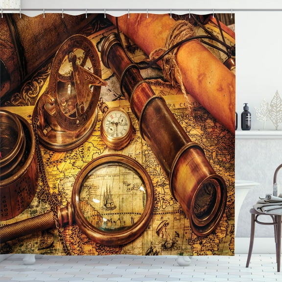 Ambesonne Brown Shower Curtain, Watch on Old Map Nautical, 69"Wx70"L, Orange Brown Yellow