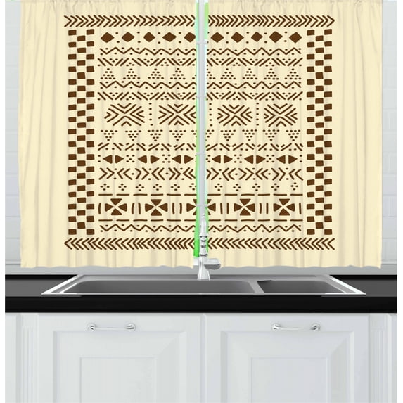 Ambesonne Brown and Beige Kitchen Curtains, Traditional Africa, 55"x39", Brown and Beige