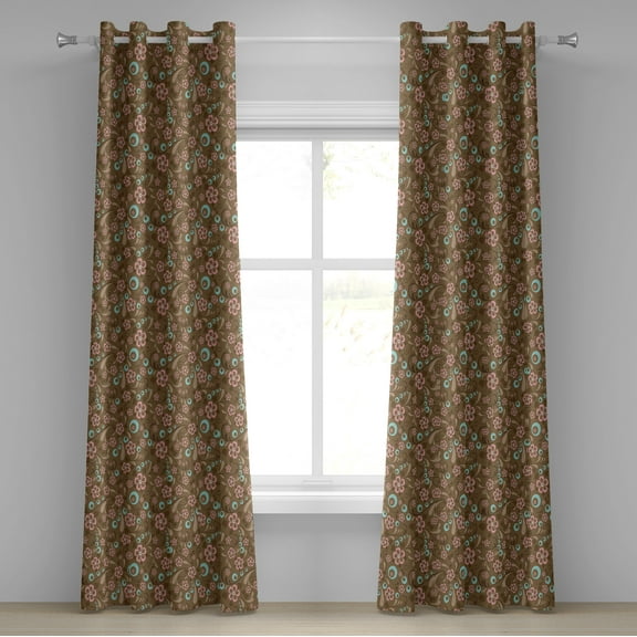Ambesonne Brown and Blue Grommet Curtain, Swirls Circles, 50" x 96", Caramel Pale Blue Coral