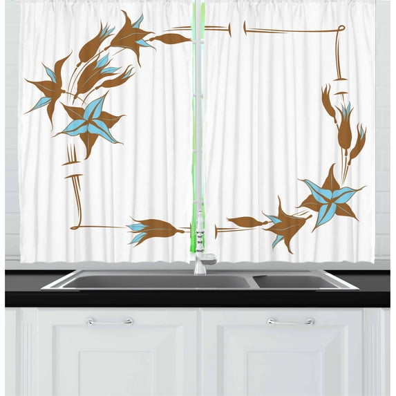 Ambesonne Brown and Blue Kitchen Curtains, Floral Frame, 55"x45", Caramel Pale Blue White
