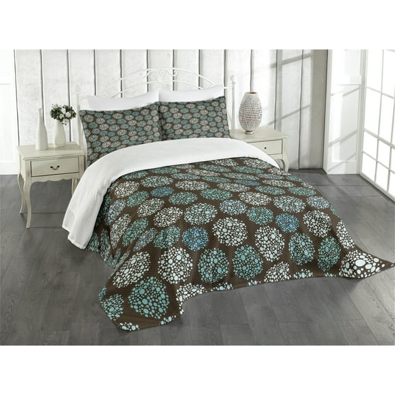 Ambesonne Brown and Blue Quilted Bedspread Set 2 Pcs, Dots and Circles, Twin Size, Brown Turquoise White