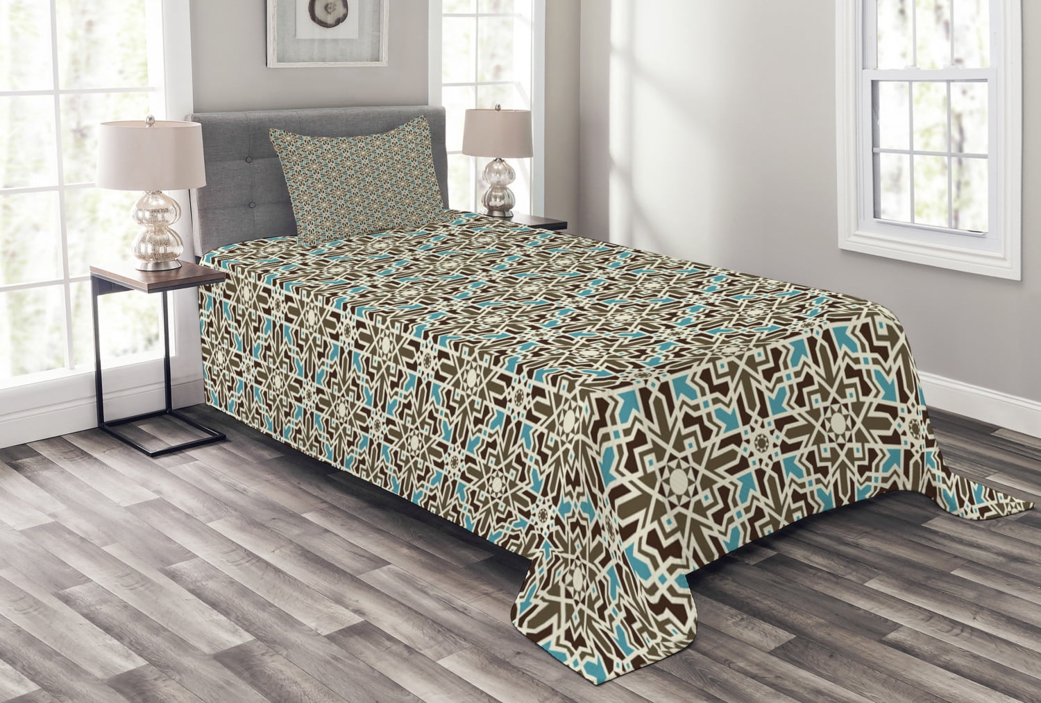 Brown and Blue Quilted Twin Bedspread Set with Pillow Sham