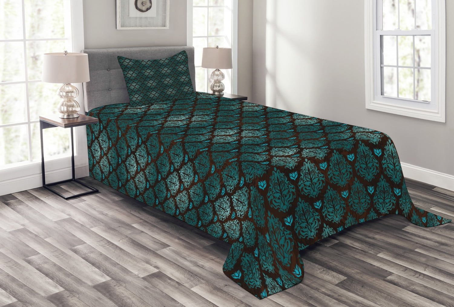Teal and Brown Quilted Twin Bedspread Set with Pillow Sham