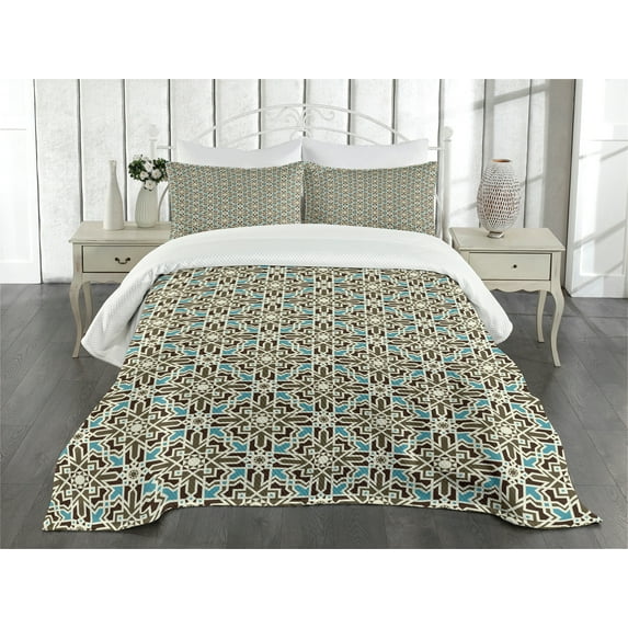 Ambesonne Brown and Blue Quilted Bedspread Set 3 Pcs, Eastern Star, King Size, Taupe Pale Blue Brown