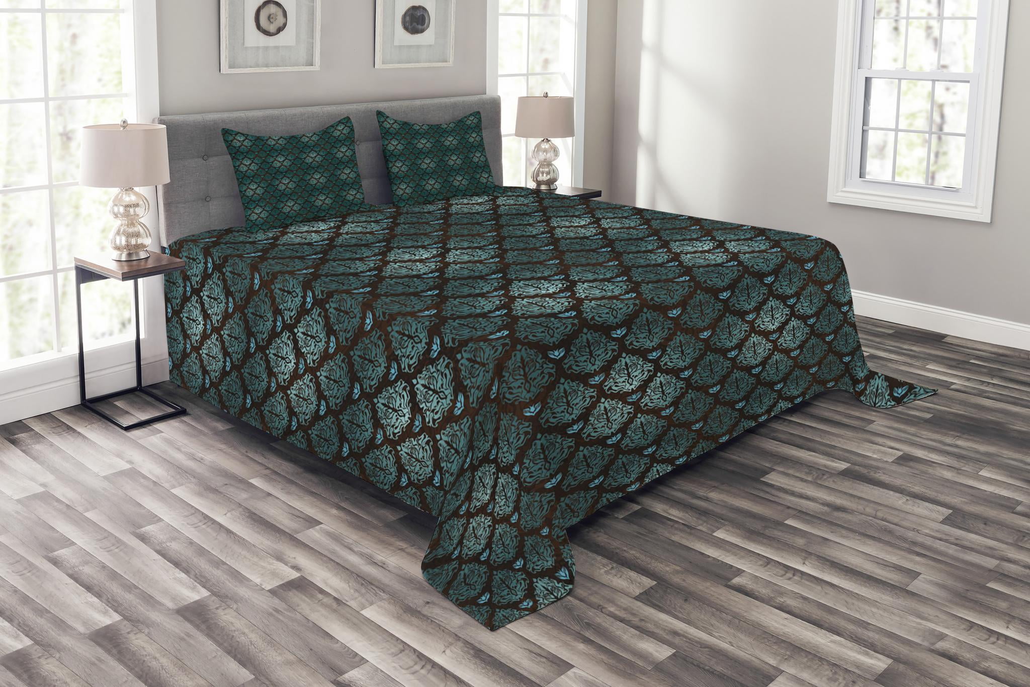 Teal and Brown Polyester Queen Bedspread Set with Grungy Swirls
