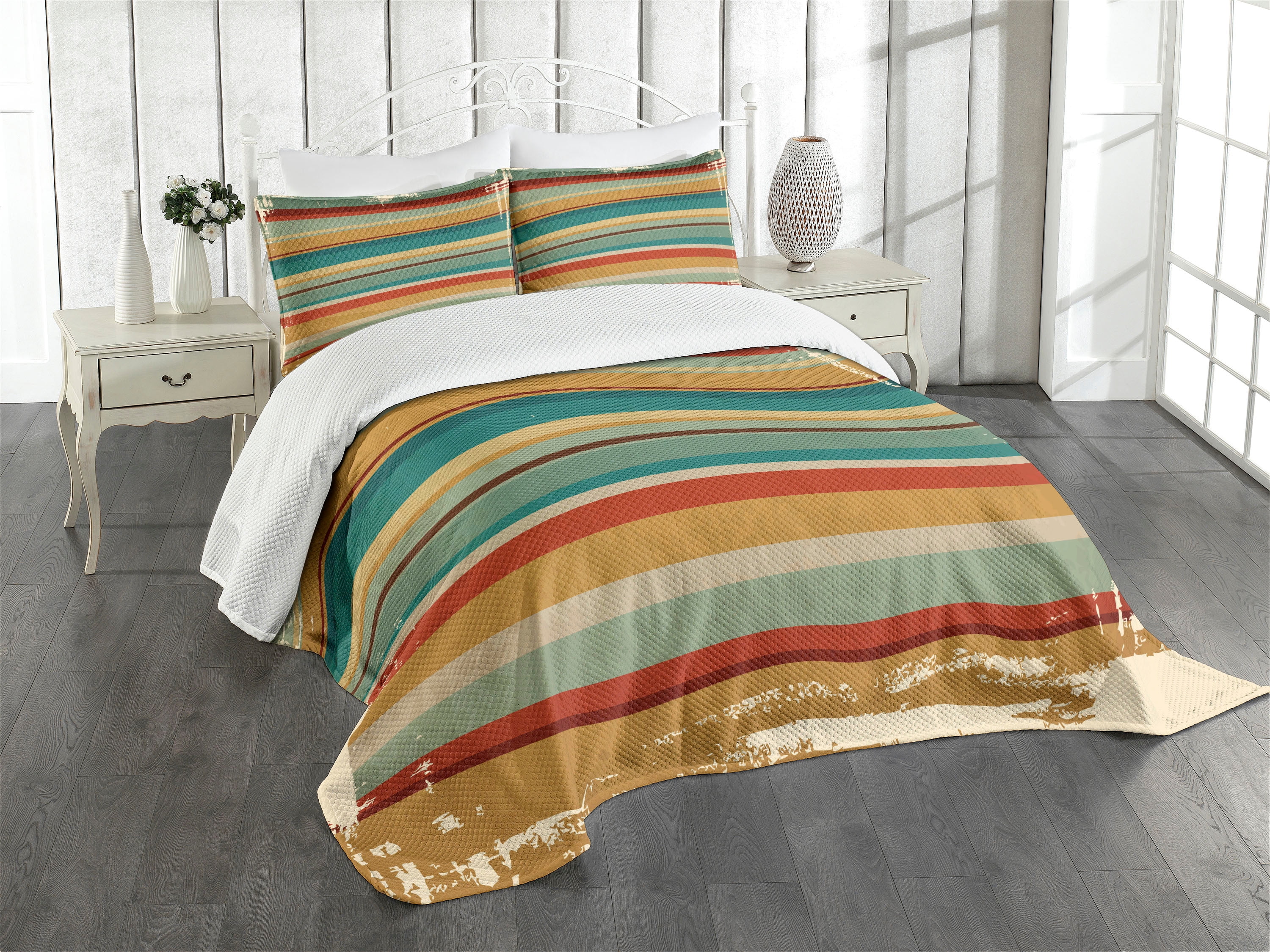 Brown and Multicolor Striped Queen Quilted Bedspread Set
