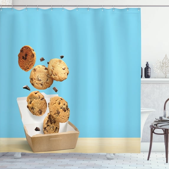 Ambesonne Brown and Blue Shower Curtain, Falling Cookies Box, 69"Wx70"L, Seafoam and Dark Mustard