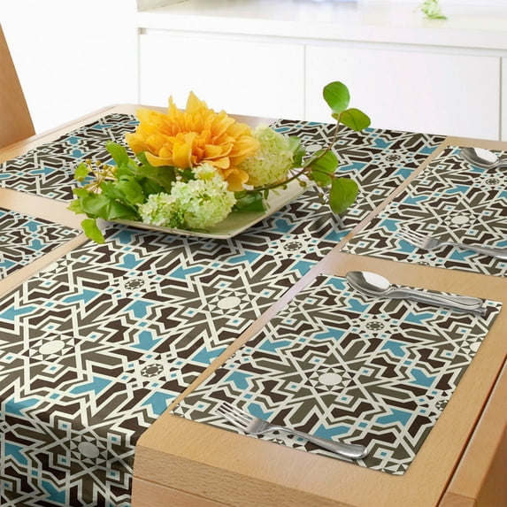 Ambesonne Brown and Blue Table Runner & Placemats, Eastern Star, Placemat 4 pcs + Runner 12"x90", Taupe Pale Blue Brown