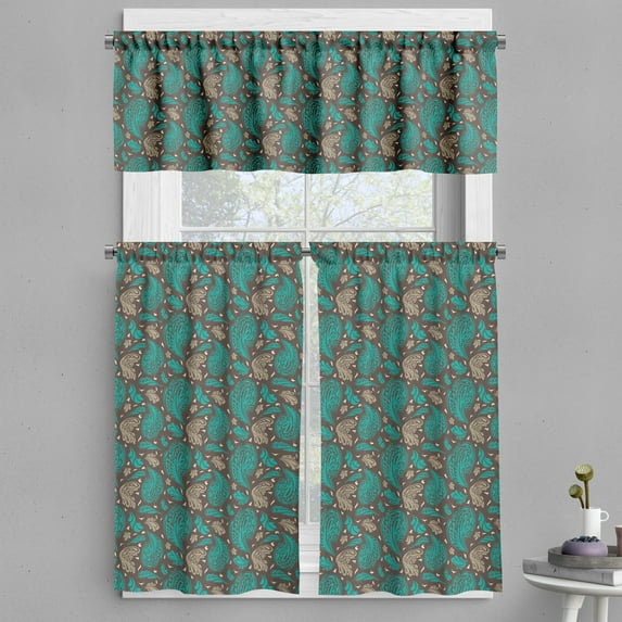 Ambesonne Brown and Blue Valance & Curtain, Retro Curly Leaves, 55"x45", Turquoise Umber