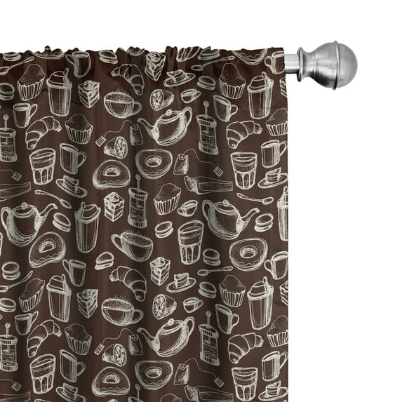 Ambesonne Brown and White Window Curtains, Doodle Tea Time, Each 28" W x 63" L, Dark Brown and White