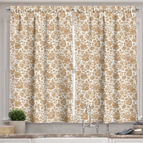 Ambesonne Brown and White Kitchen Curtains, Garden Roses, 55"x39", Pale Brown and White