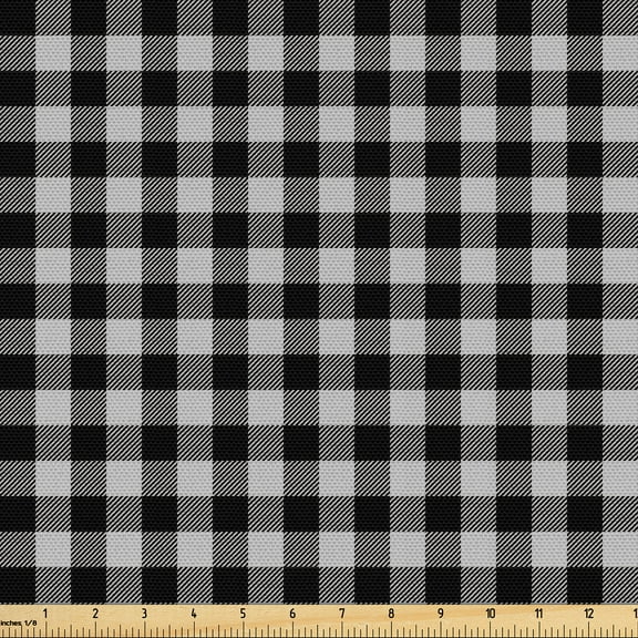 Ambesonne Buffalo Check Fabric by the Yard Upholstery, Old Flannel Design, 1 Yard, Black and Pale Grey