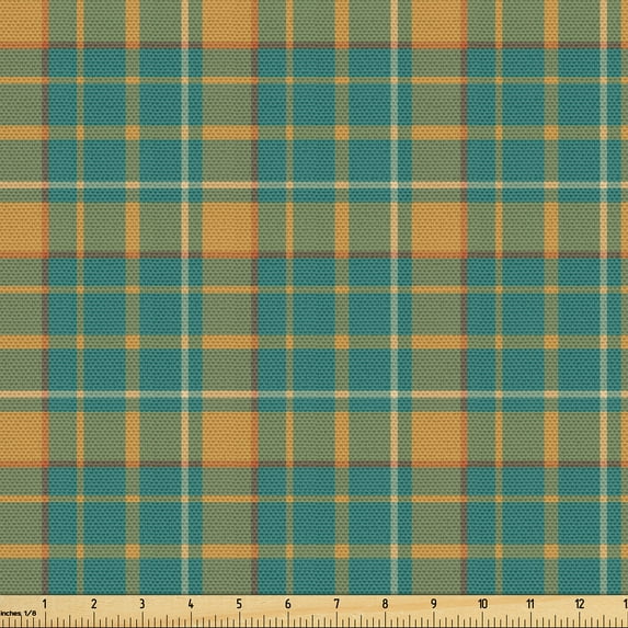 Ambesonne Buffalo Check Fabric by the Yard Upholstery, Plaid Squares Lines, 5 Yards, Teal and Persian Orange