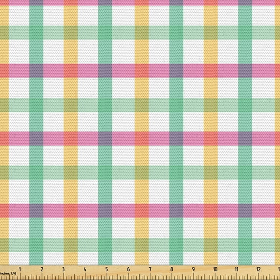 Ambesonne Buffalo Check Fabric by the Yard Upholstery, Stripes Plain Back, 1 Yard, Soft Pink Pastel Brown