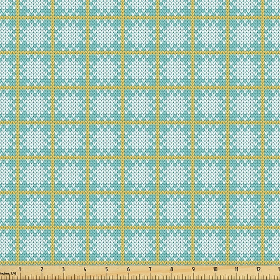 Ambesonne Buffalo Check Fabric by the Yard Upholstery, Stripes Square Lines, 5 Yards, Earth Yellow Pale Teal