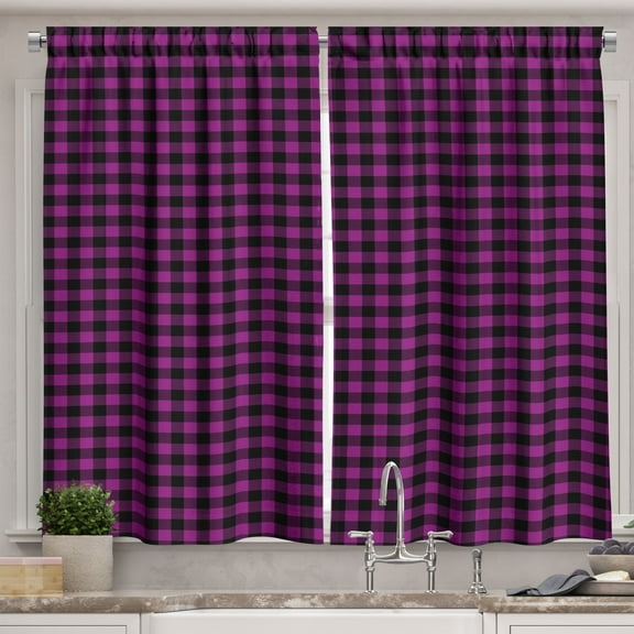 Ambesonne Buffalo Check Kitchen Curtains, Gingham Pattern Art, 55"x45", Purple and Black