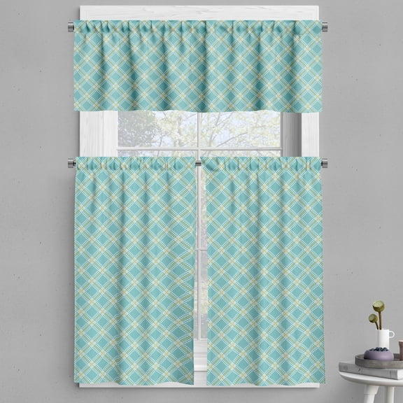 Ambesonne Buffalo Check Valance & Curtain, Aquamarine Stripes, 55"x36", Pale Seafoam and Mustard
