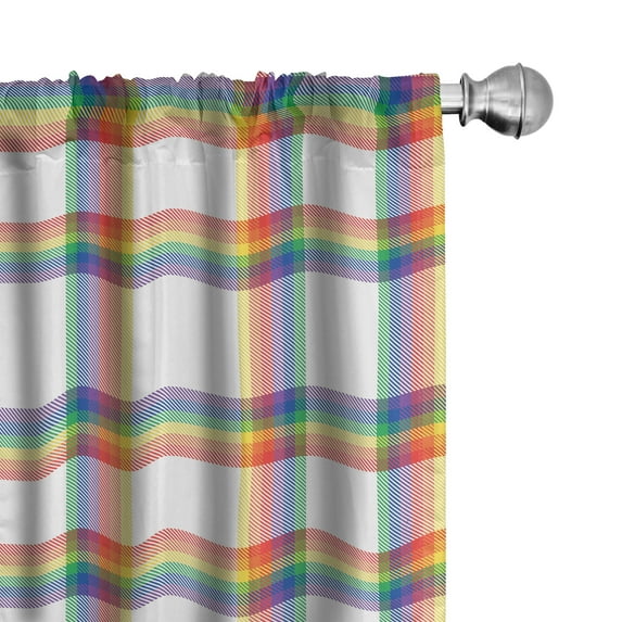 Ambesonne Buffalo Plaid Curtains, Rainbow Lines Squares, Pair of 28"x84", Dark Coral and Jade Green