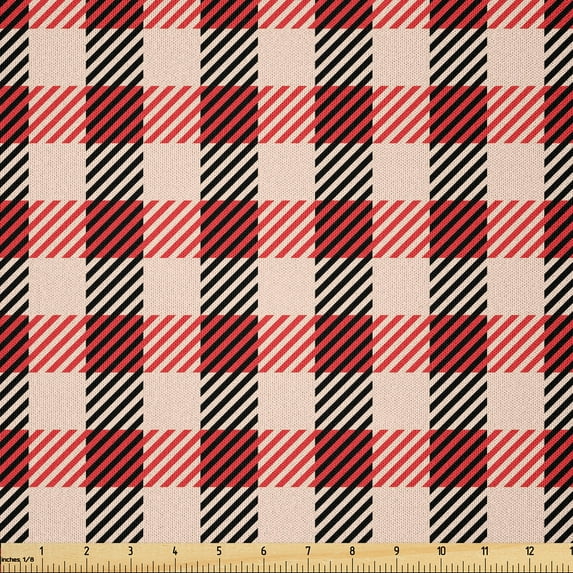 Ambesonne Buffalo Plaid Fabric by the Yard Microfiber, Classic Squared Lines, 5 Yards, Dark Coral Peach and Black