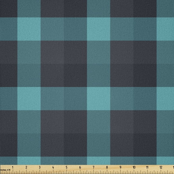Ambesonne Buffalo Plaid Fabric by the Yard Microfiber, Teal Gingham Check, 2 Yards, Teal and Dark Blue Grey