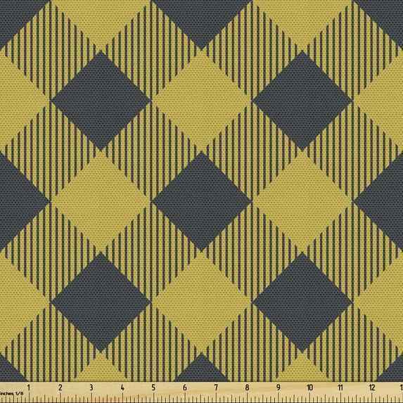 Ambesonne Buffalo Plaid Fabric by the Yard Upholstery, Abstract Lumberjack, 2 Yards, Earth Yellow Dark Grey