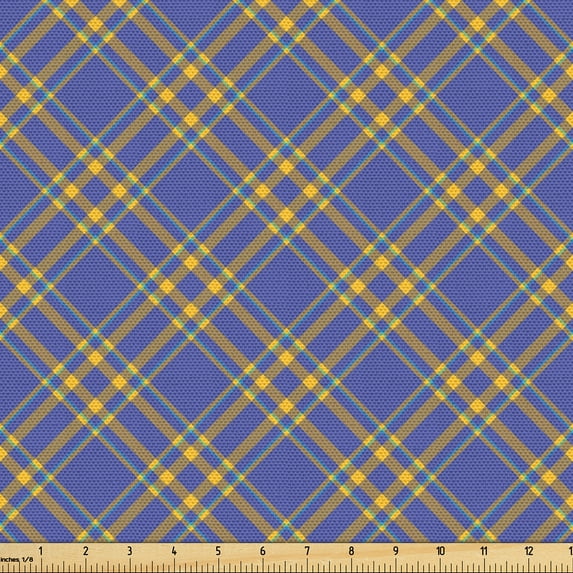 Ambesonne Buffalo Plaid Fabric by the Yard Upholstery, Diagonal Vintage Art, 1 Yard, Dark Ceil Blue and Orange