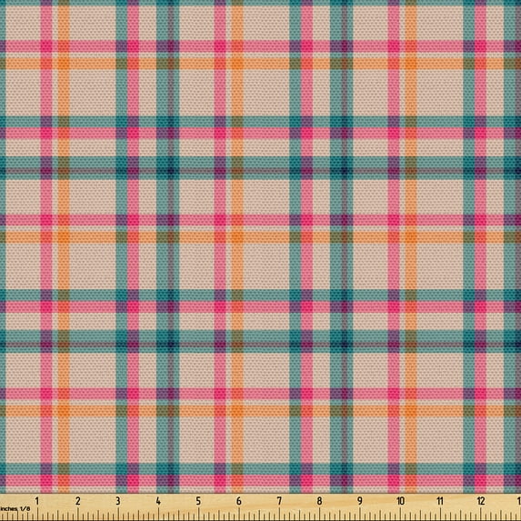 Ambesonne Buffalo Plaid Fabric by the Yard Upholstery, Overlapping Colorful, 5 Yards, Magenta and Sand Brown