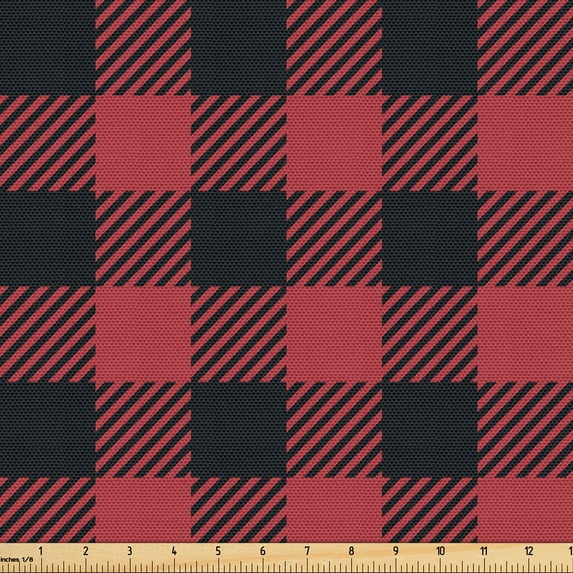 Ambesonne Buffalo Plaid Fabric by the Yard Upholstery, Red Black Squares Art, 1 Yard, Maroon Charcoal Grey