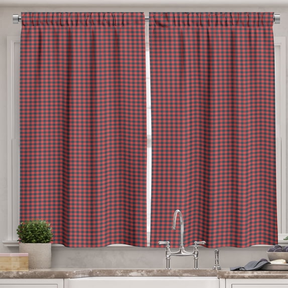 Ambesonne Buffalo Plaid Kitchen Curtains, Checkered Classic, 55"x24", Coral Dark Violet Blue