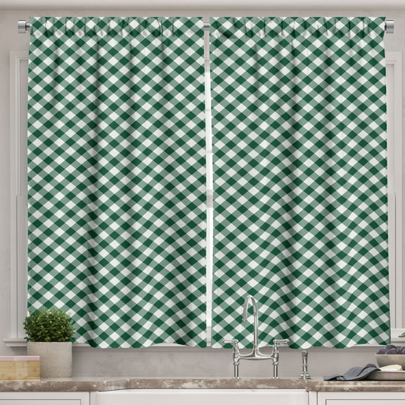 Ambesonne Buffalo Plaid Kitchen Curtains, Diagonal Square Line, 55"x45", Hunter Green and White