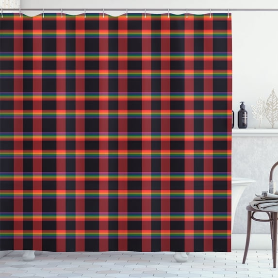 Ambesonne Buffalo Plaid Shower Curtain, Vintage Rainbow Lines, 69"Wx70"L, Dark Coral Earth Yellow